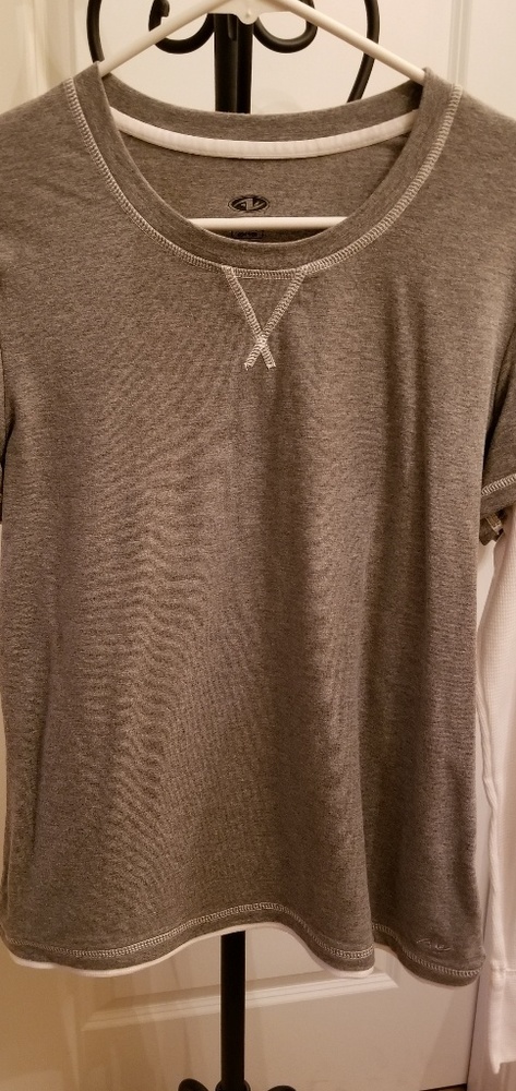 Gray and white, long sleeve t- shirt.